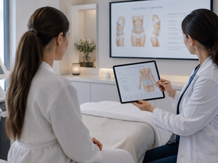 Certified medical professional explaining body treatment options to a patient in an aesthetic clinic in Quintana Roo.