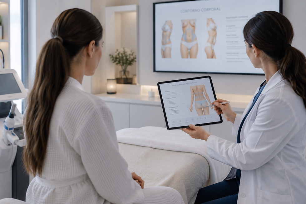 Doctor shows patient a body contouring treatment plan on a tablet in a modern clinic, with Spanish charts on the wall.