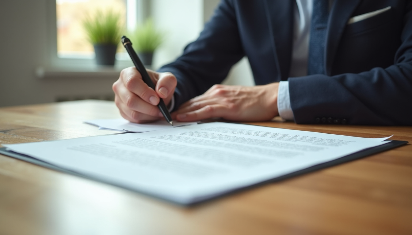 Vue rapprochée d’un contrat de gestion locative signé sur une table en bois