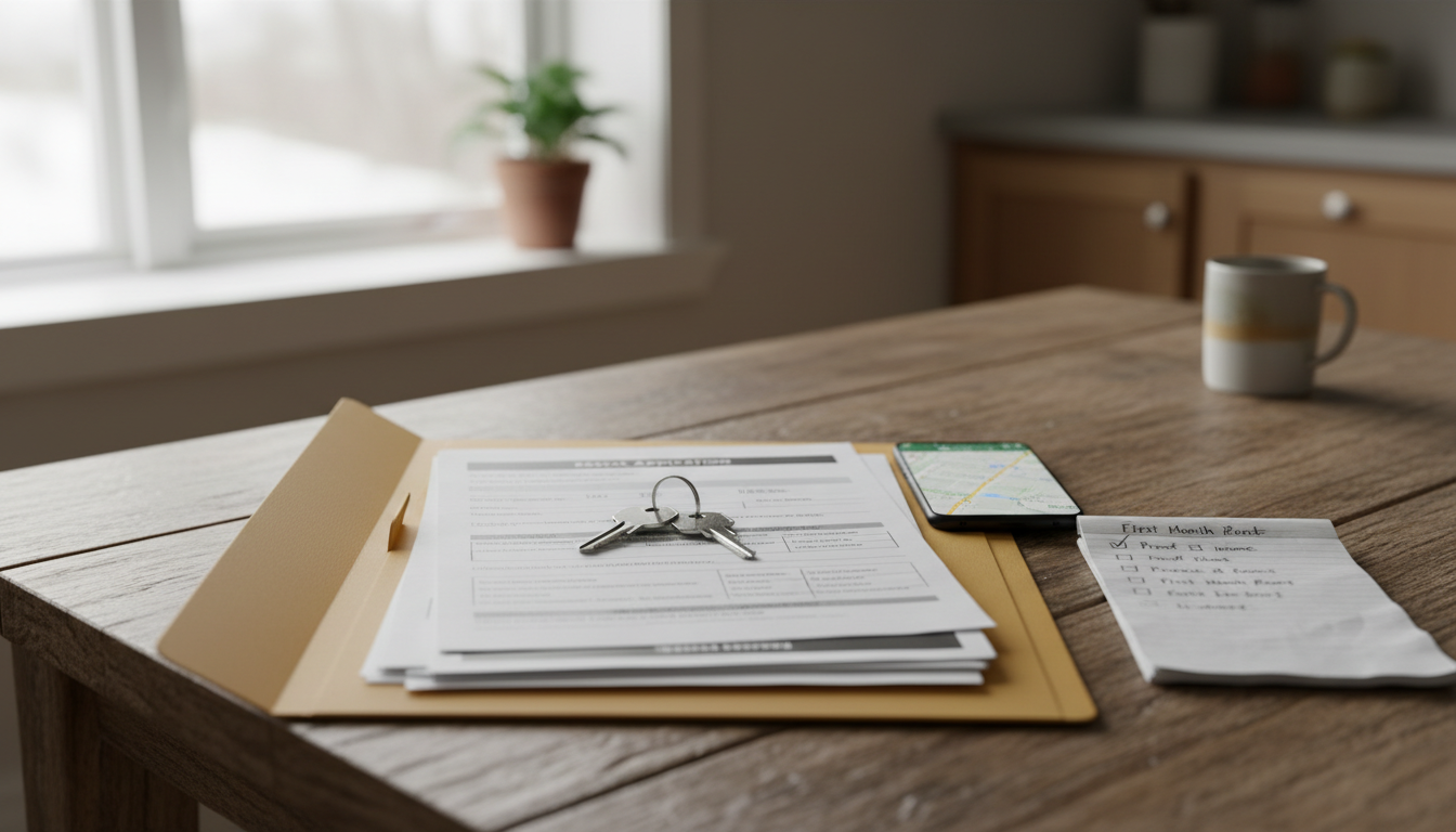 Vue rapprochée d'un dossier de location avec des feuilles imprimées, des clés et un téléphone sur une table.