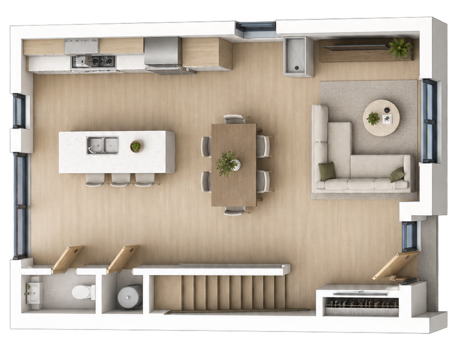 Plan 3D du rez-de-chaussée d’une maison de ville 4 ½ à Saint-Boniface.