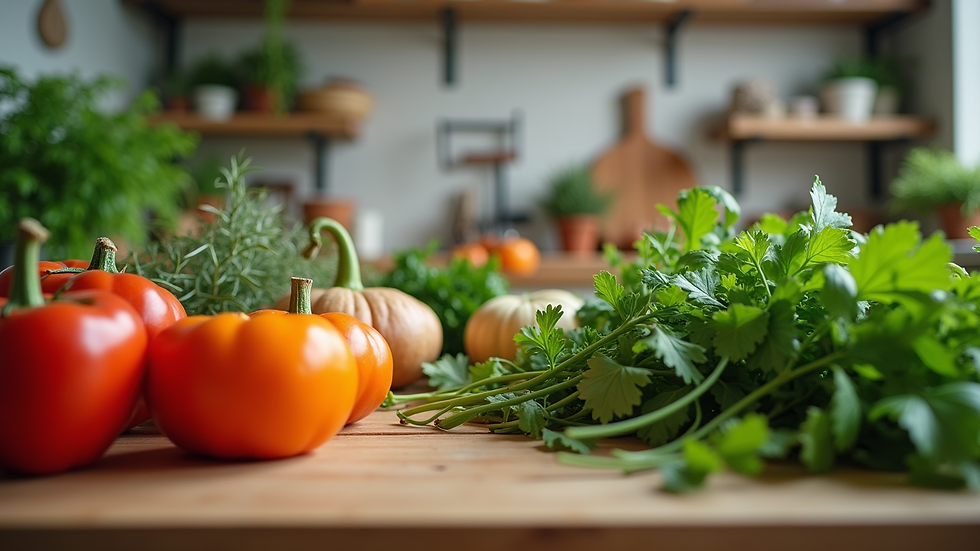 Eye-level view of a kitchen counter with fresh vegetables and herbs