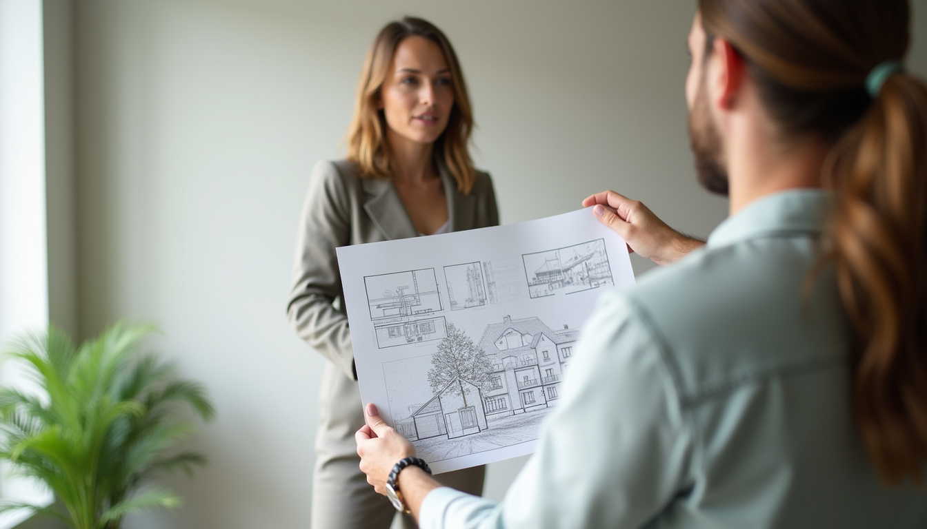 Vue en plongée d’un agent immobilier montrant un plan à un client