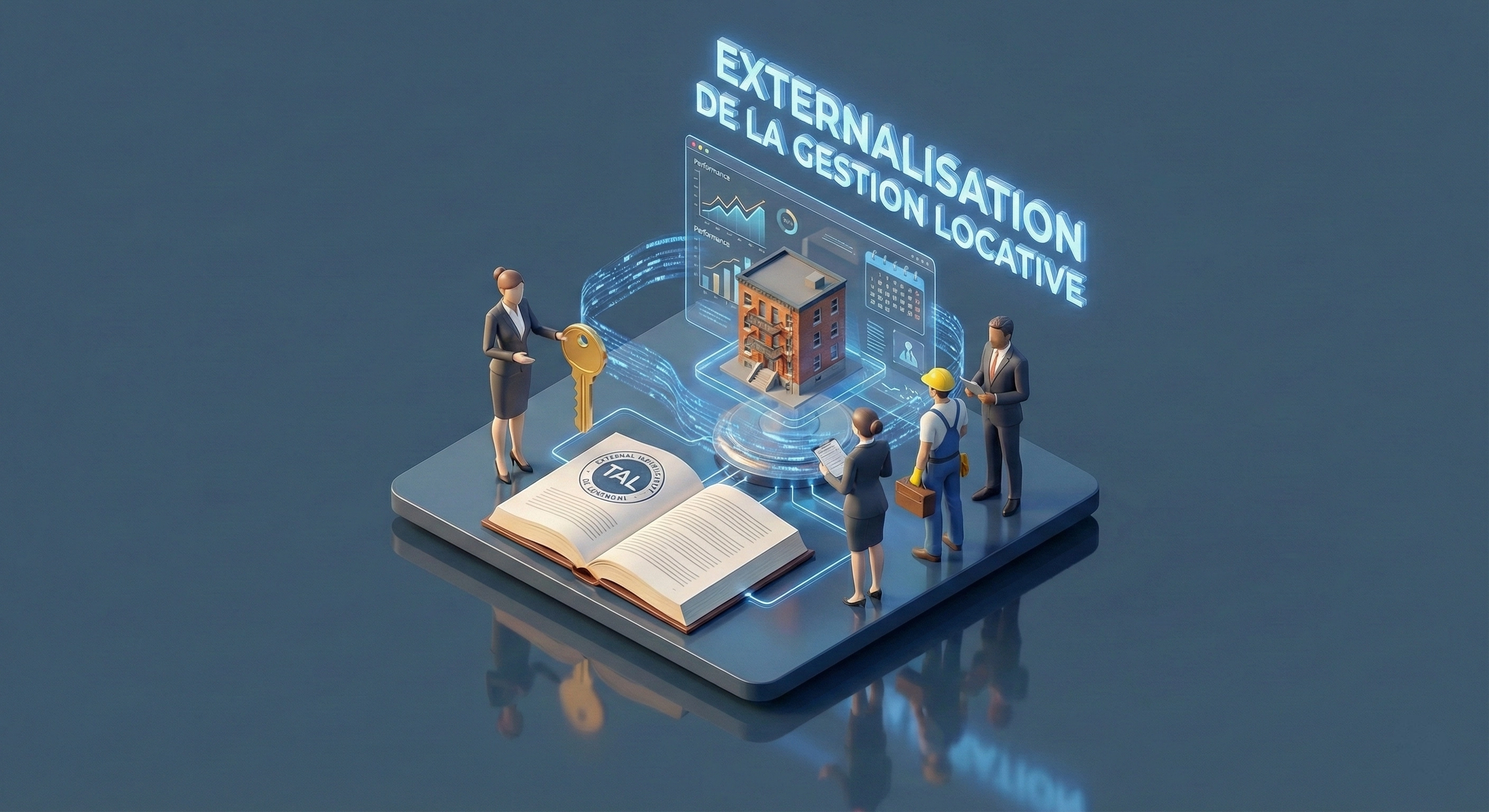 Des personnes autour d'une clé et d'un bâtiment miniature, livre ouvert en bas à gauche. Texte: Externalisation de la gestion locative.