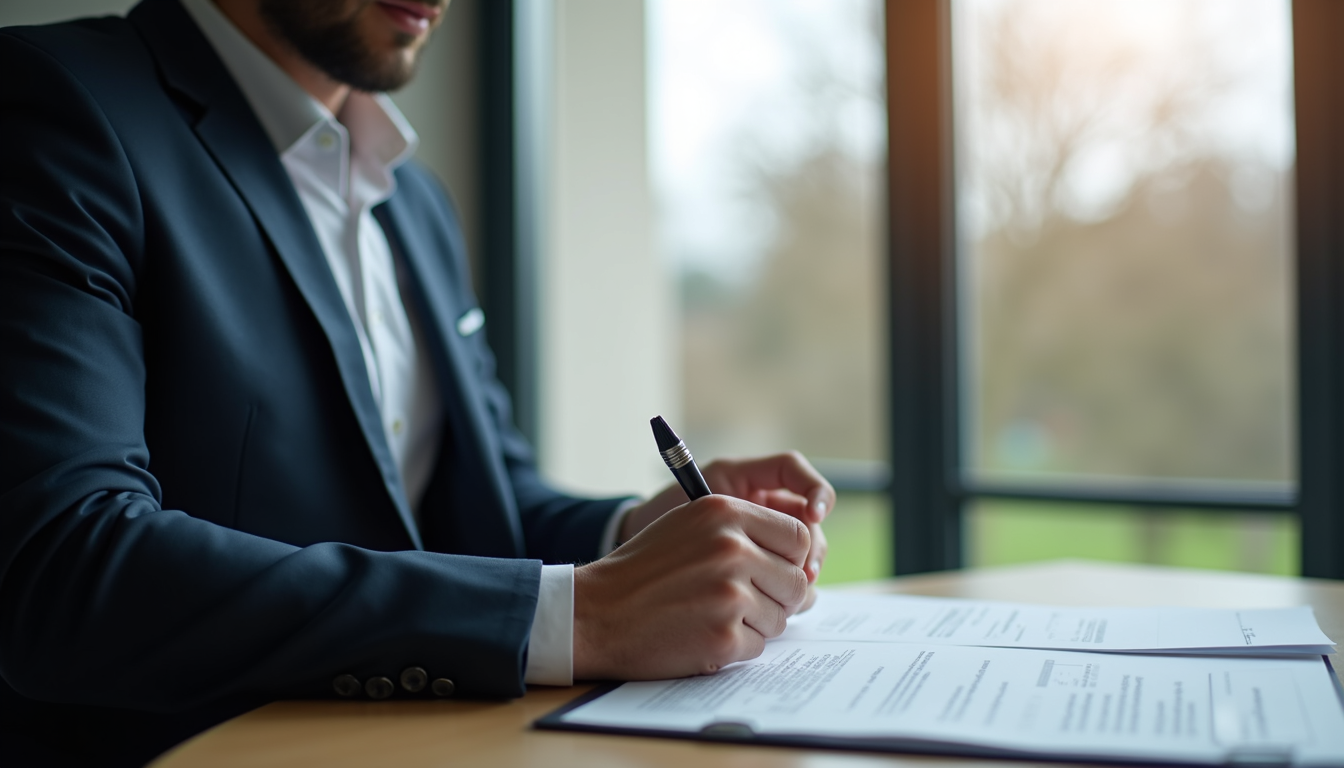Vue rapprochée d’un gestionnaire immobilier en train de vérifier un contrat