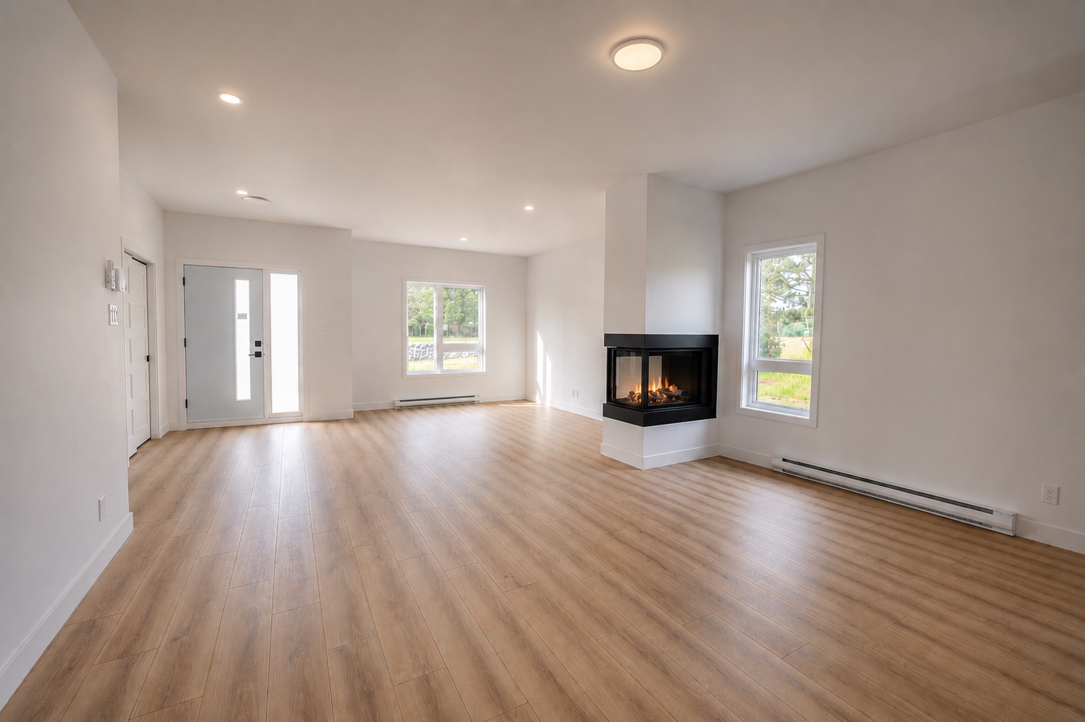 Salon avec foyer et grandes fenêtres dans une maison de ville 4 ½ à Saint-Boniface.