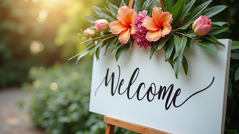 Close-up view of a wedding welcome sign with tropical flowers and elegant calligraphy
