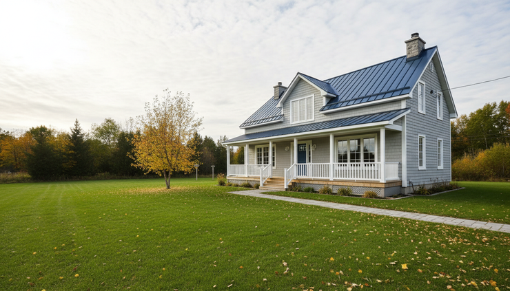 Vue légèrement en angle d’une maison québécoise entourée de feuilles automnales discrètes.