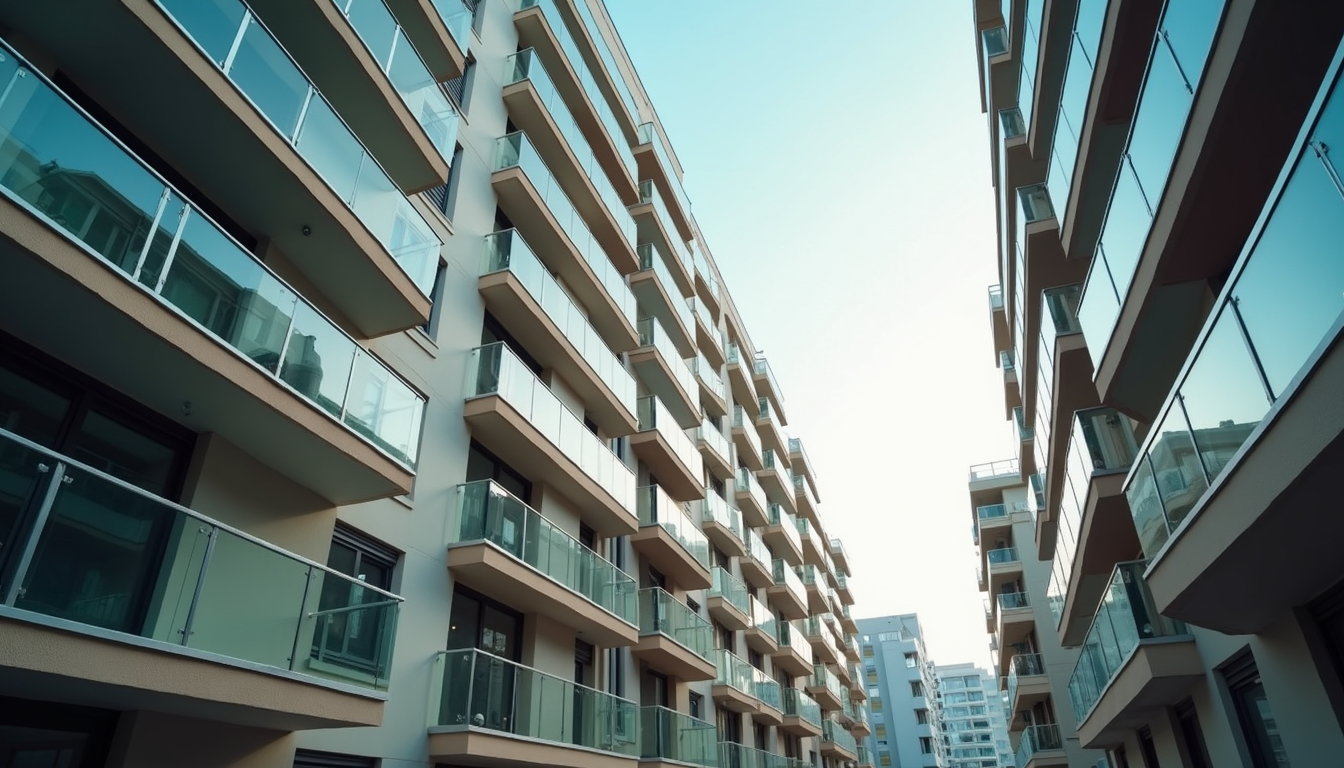 Vue en contre-plongée d’un immeuble moderne avec balcons vitrés