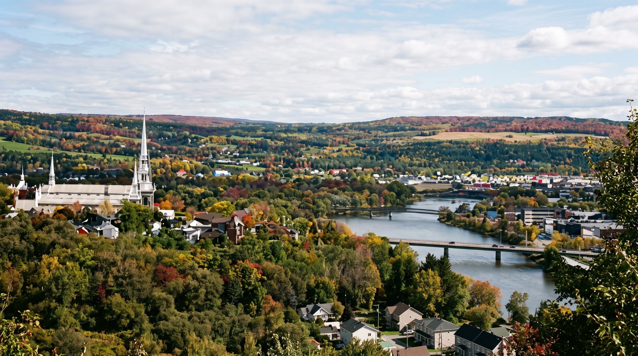 Vue de Saint-Georges à Shawinigan, avec son église, la rivière et les collines boisées à l'automne.