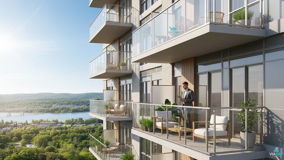 Vue rapprochée d’un appartement moderne avec balcon ensoleillé