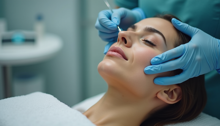Close-up view of a medical professional preparing facial rejuvenation treatment in a clinic