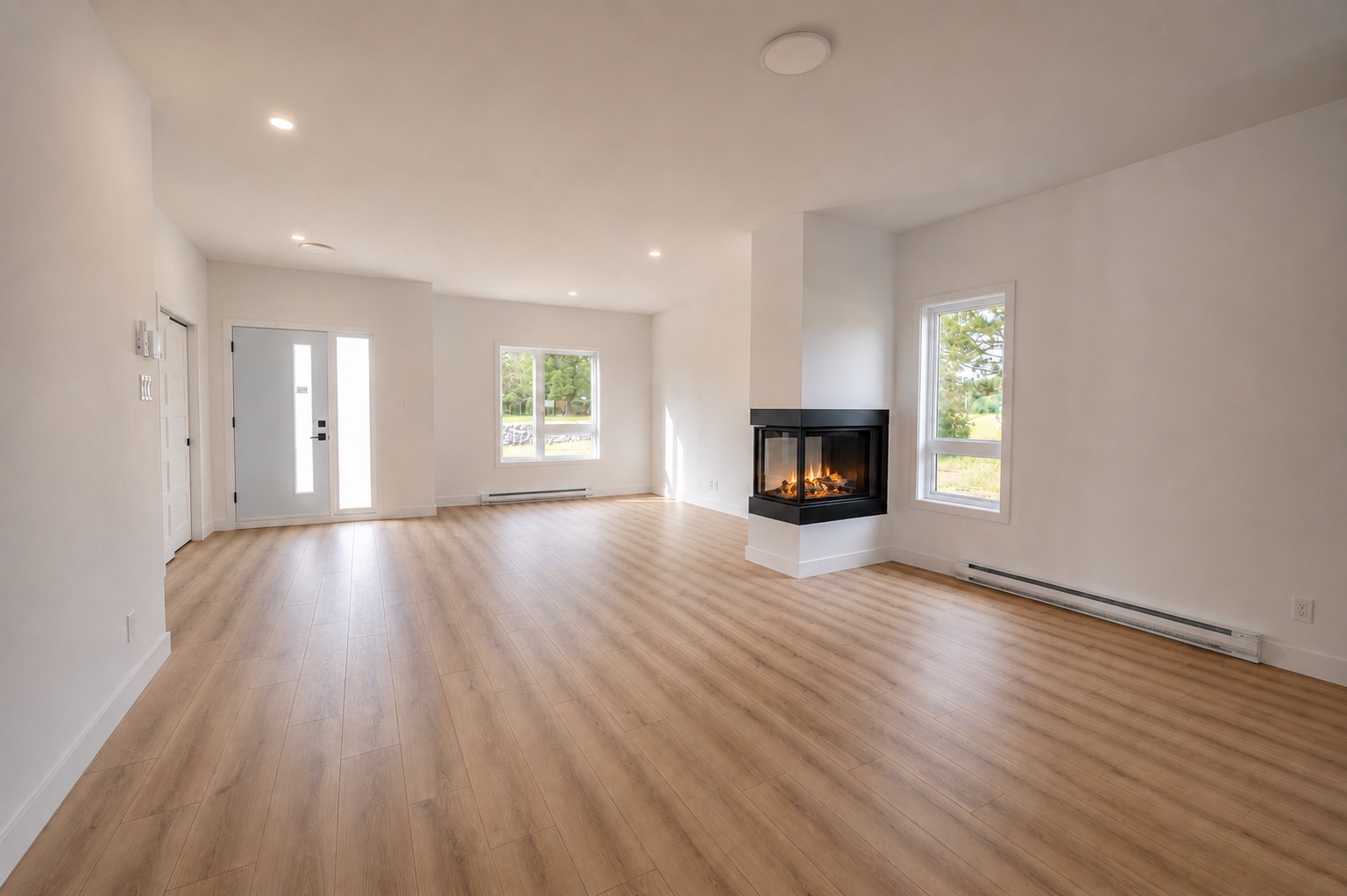 Salon à aire ouverte avec foyer dans une maison de ville 4 ½ à Saint-Boniface.