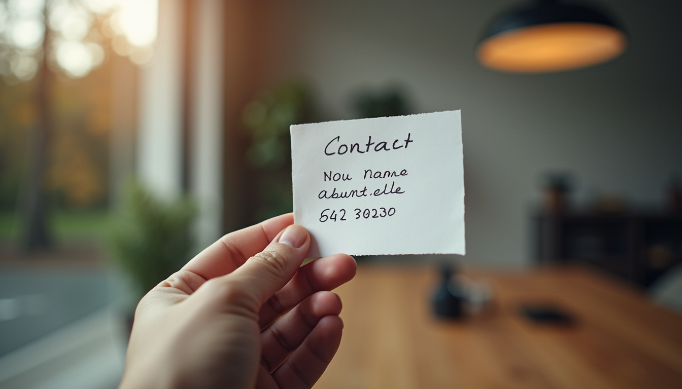 Vue rapprochée d'une fiche de contact avec nom, adresse et téléphone écrits à la main