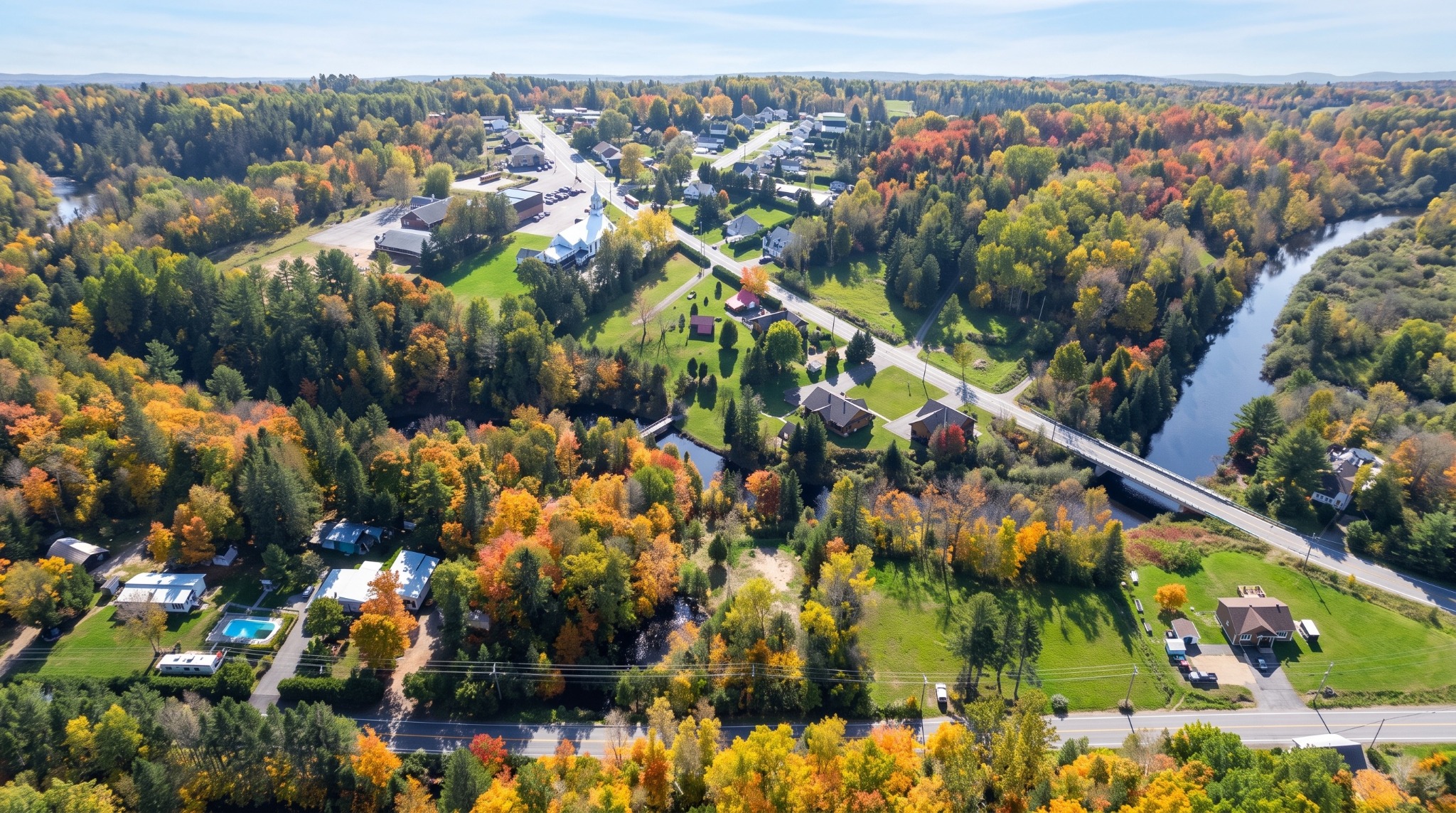 Vue aérienne de Saint-Gérard-des-Laurentides à Shawinigan, entouré de forêt et de paysages d'automne.