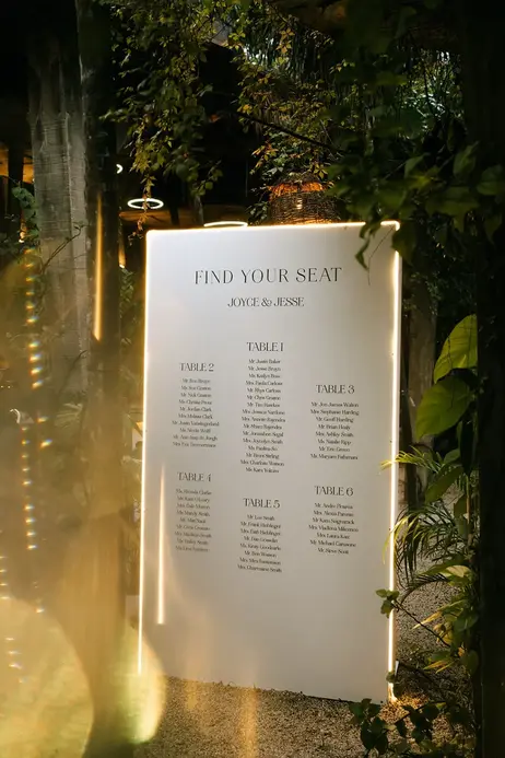 Wedding seating chart display at luxury destination wedding in Tulum