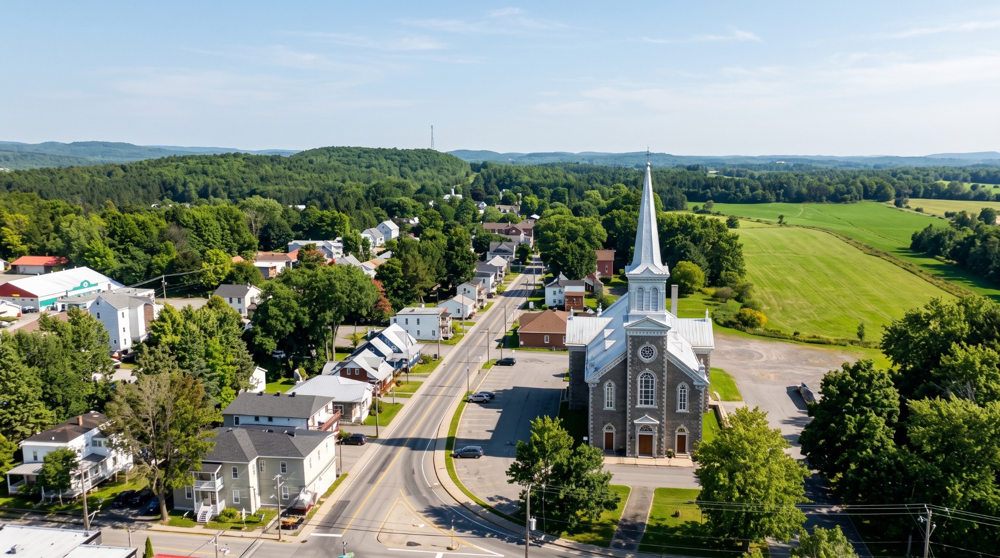 Vue aérienne de Saint-Boniface, en Mauricie, avec le village et le paysage boisé environnant.