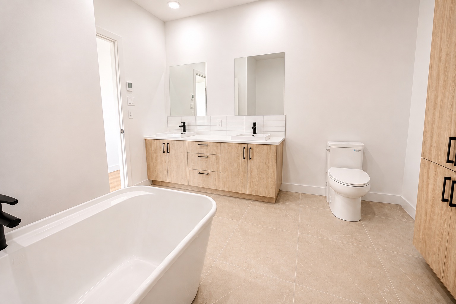 Salle de bain avec baignoire autoportante et double vanité dans une maison de ville 4 ½ à Saint-Boniface.