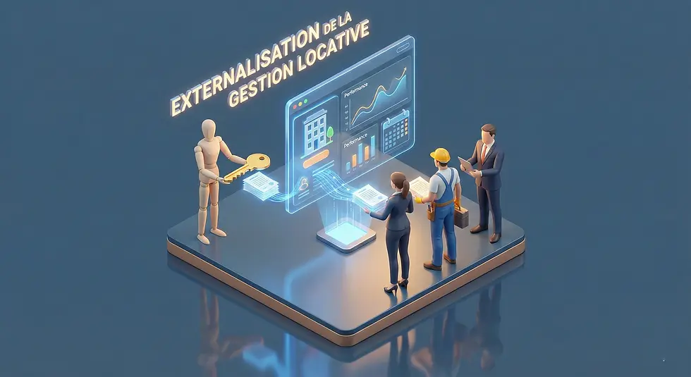 Personnages en tenue professionnelle discutant devant un écran numérique avec graphiques, texte "Externalisation de la gestion locative".