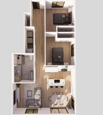 Vue en plan 3D d’un appartement 3 ½ non meublé, montrant la disposition des pièces à Terrasses St-Maurice pour location en juillet