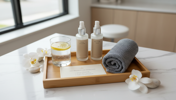 Overhead view of a wellness tray with water, skin care items, and post-treatment care instructions