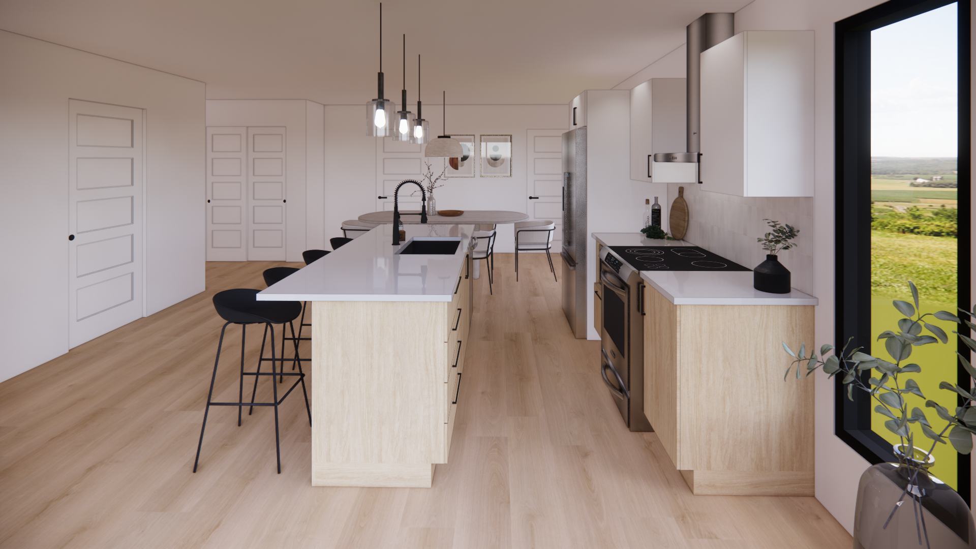 Cuisine lumineuse avec îlot central, plancher en bois clair et espace repas dans un appartement à louer à Terrasses St-Maurice disponible en juillet.