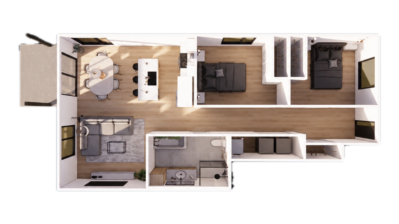 Plan 3D d’un logement 4 ½ au rez-de-chaussée des Terrasses Saint-Maurice — variante miroir B.