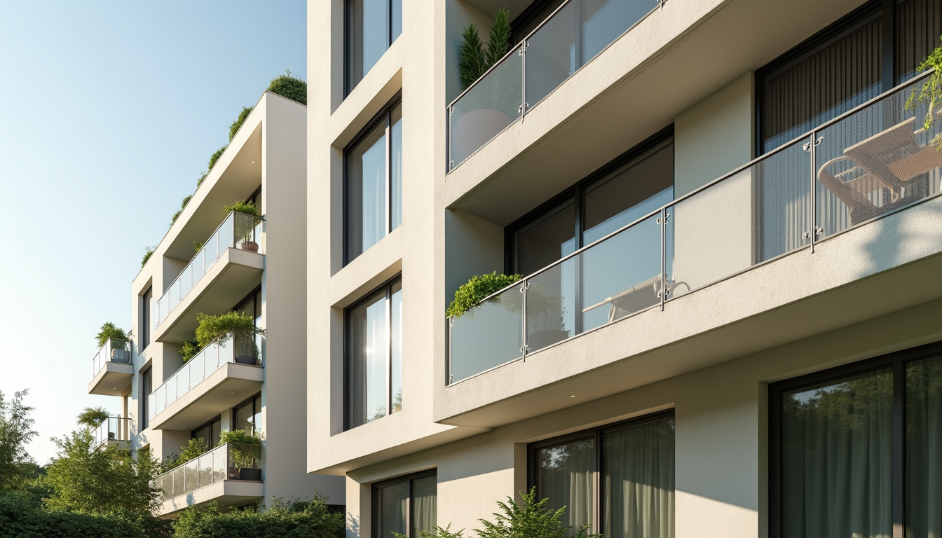 Façade d'un immeuble moderne, balcons avec plantes vertes. Ciel bleu dégagé. Plantes luxuriantes donnent une atmosphère paisible.