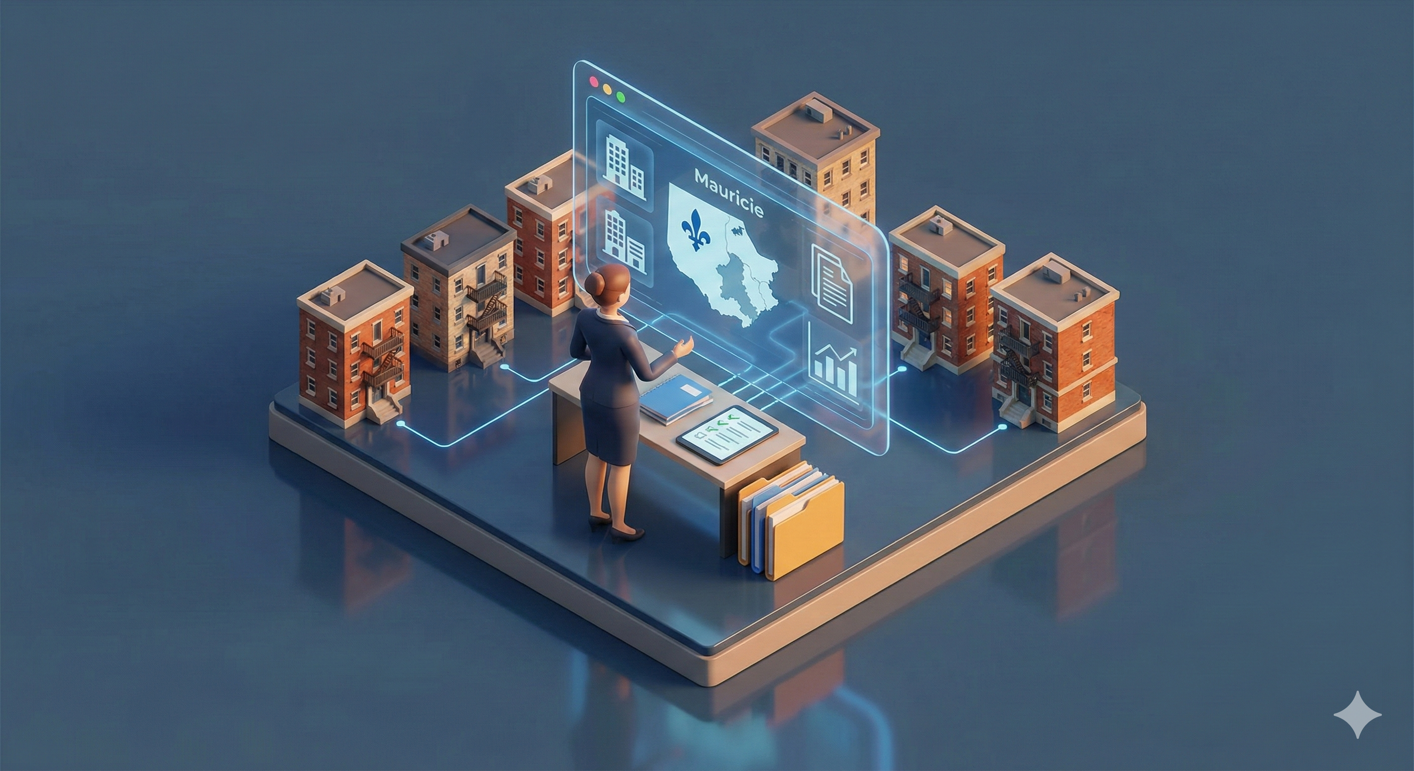 Femme debout devant un écran virtuel avec carte et graphiques. Environnée de maquettes d'immeubles, elle semble concentrée et analytique.