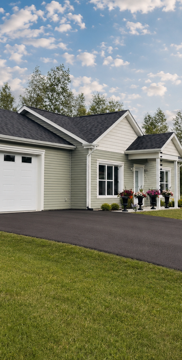 Maison neuve de plain-pied grise avec garage et entrée asphaltée