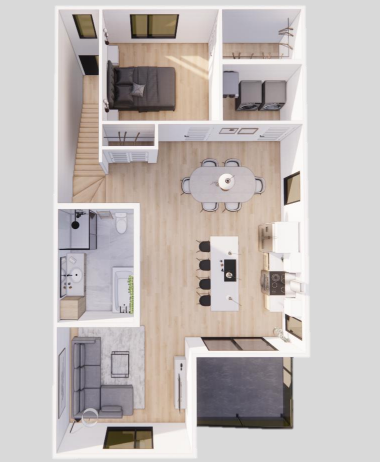 Vue en plan 3D d’un appartement 4 ½ non meublé, illustrant l’espace de vie à Terrasses St-Maurice disponible à la location en juillet.