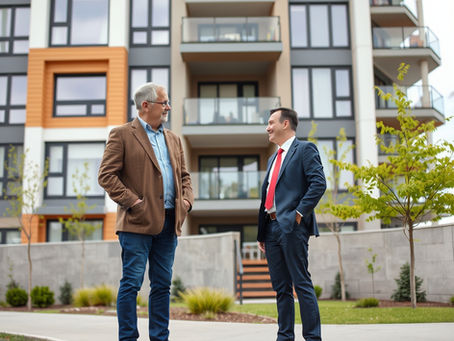 Propriétaire discutant avec un gestionnaire immobilier devant un immeuble résidentiel moderne en Mauricie.