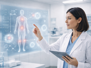 Doctor interacts with a virtual screen showing a human anatomy hologram. In a lab, wearing a white coat, holding a tablet, focused expression.