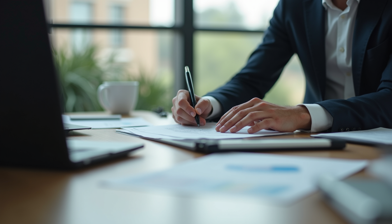 Vue en plongée d’un gestionnaire immobilier consultant des documents