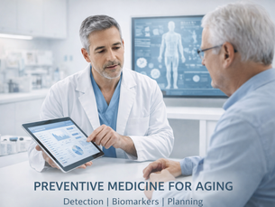 Doctor shows aging-related data on a tablet to a patient in a lab. Background screen displays a human figure. Text: Preventive Medicine for Aging.