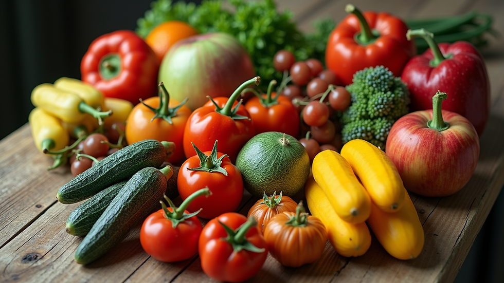 High angle view of fresh fruits and vegetables arranged on a wooden table