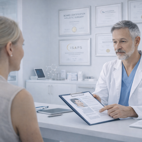 A doctor discusses a clipboard with a patient in a bright office. Certificates are displayed on the wall. The mood is professional and calm.