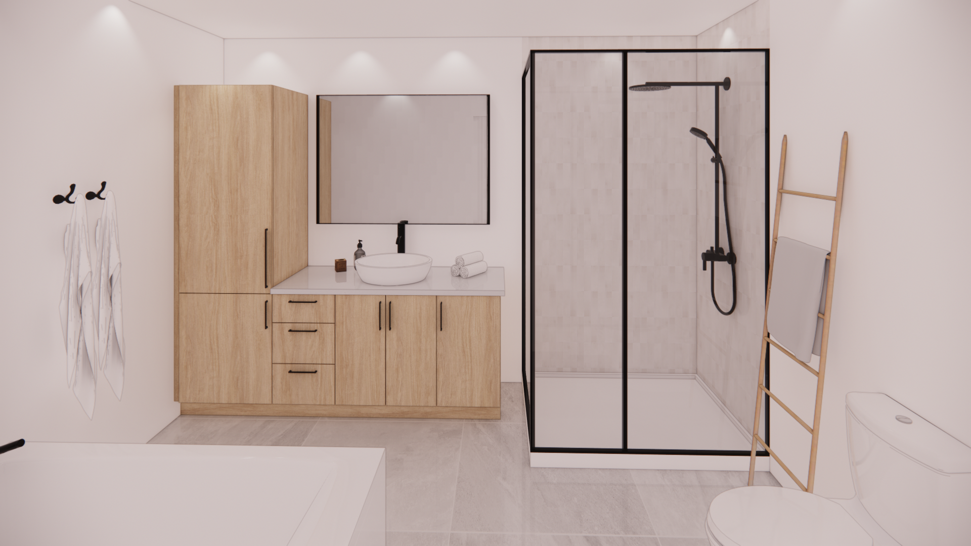 Douche moderne et meuble lavabo dans un appartement à louer à Terrasses St-Maurice, sans électroménagers, disponible en juillet 2025.