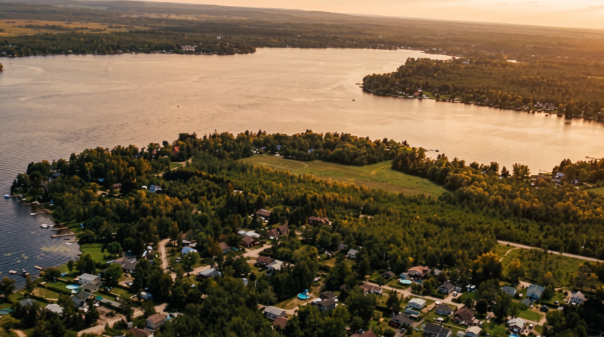 Vue aérienne du Lac-à-la-Tortue à Shawinigan au coucher du soleil, avec les résidences riveraines.
