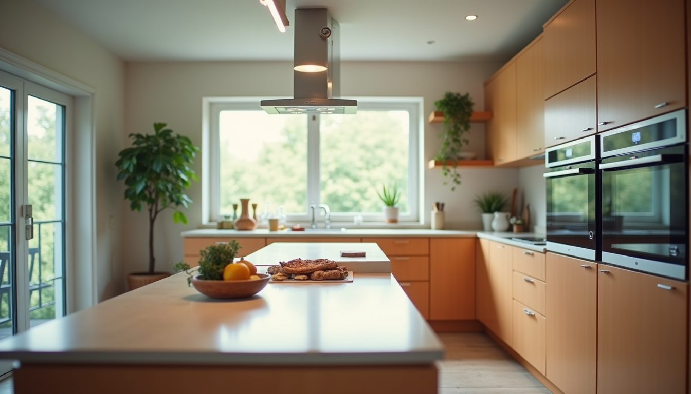 Vue en plongée d’une cuisine moderne et fonctionnelle