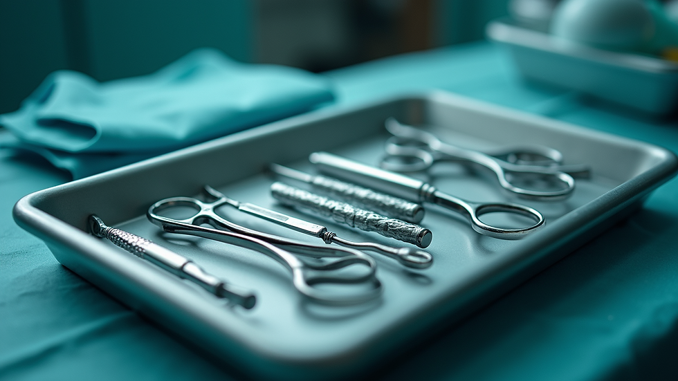 Close-up view of surgical instruments arranged neatly on a tray