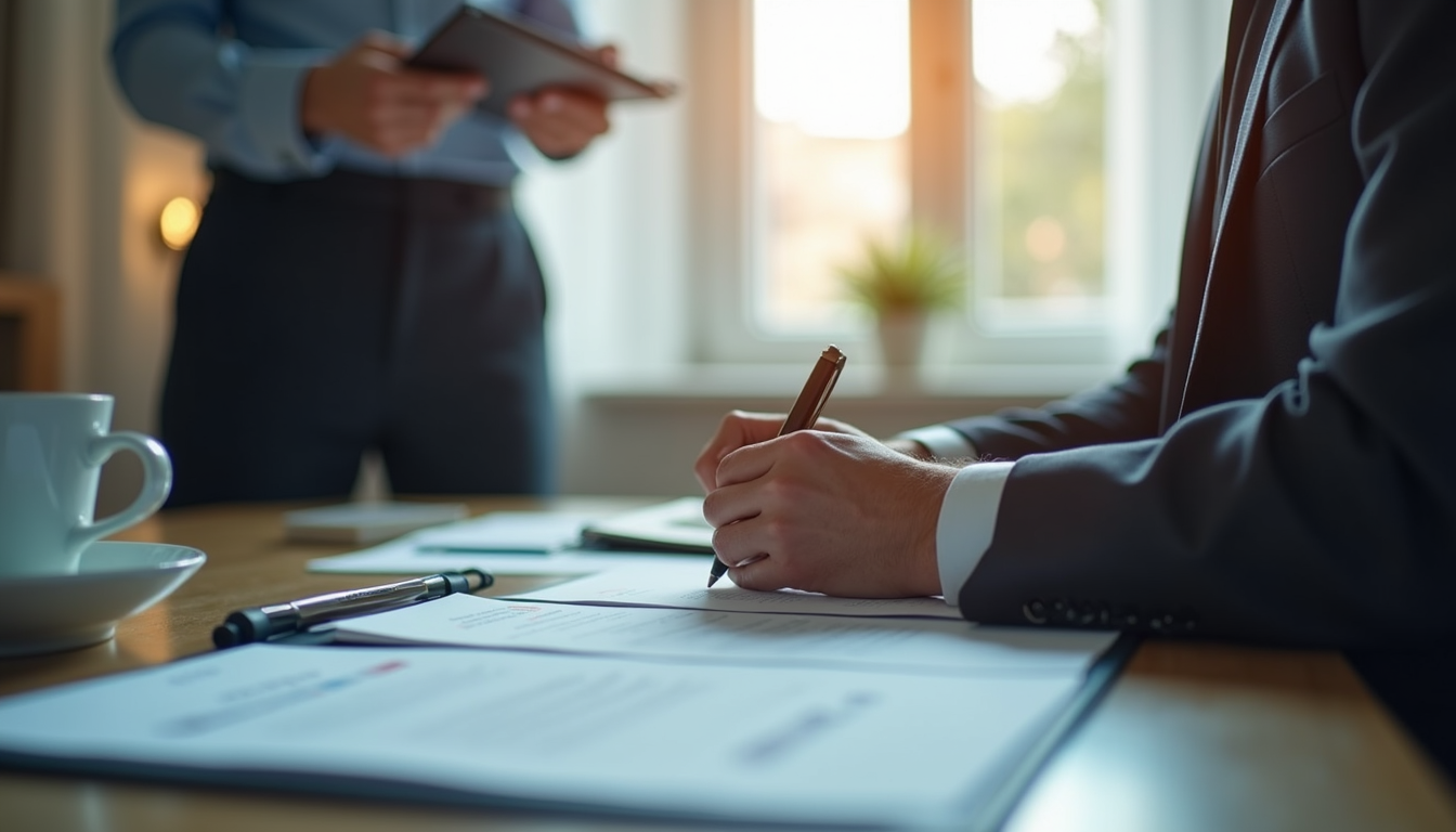 Vue rapprochée d’un gestionnaire immobilier en train de vérifier un contrat