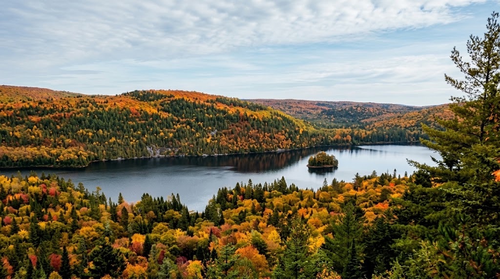 Vue du paysage boisé et lacustre de Saint-Mathieu-du-Parc, en Mauricie.