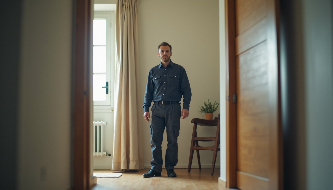 Vue en plongée d’un technicien en intervention dans un appartement