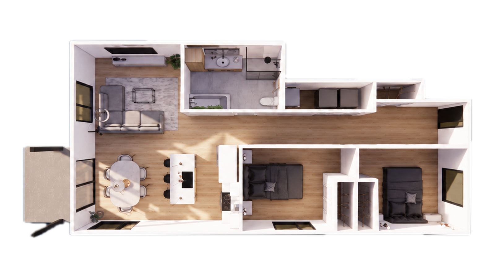 Plan 3D d’un logement 4 ½ au rez-de-chaussée des Terrasses Saint-Maurice — variante A.
