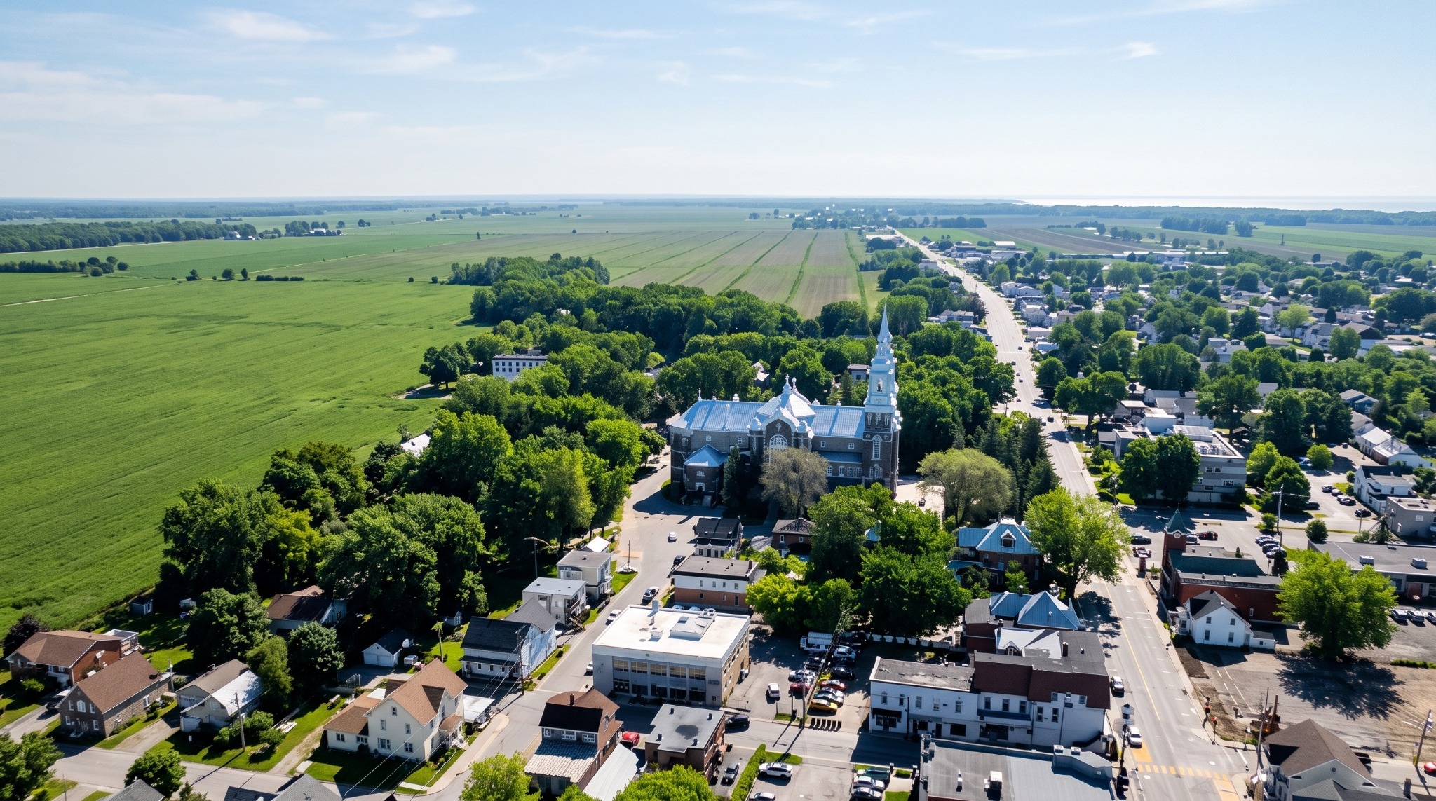 Vue aérienne de Louiseville, Québec, avec son noyau urbain et les terres agricoles environnantes.