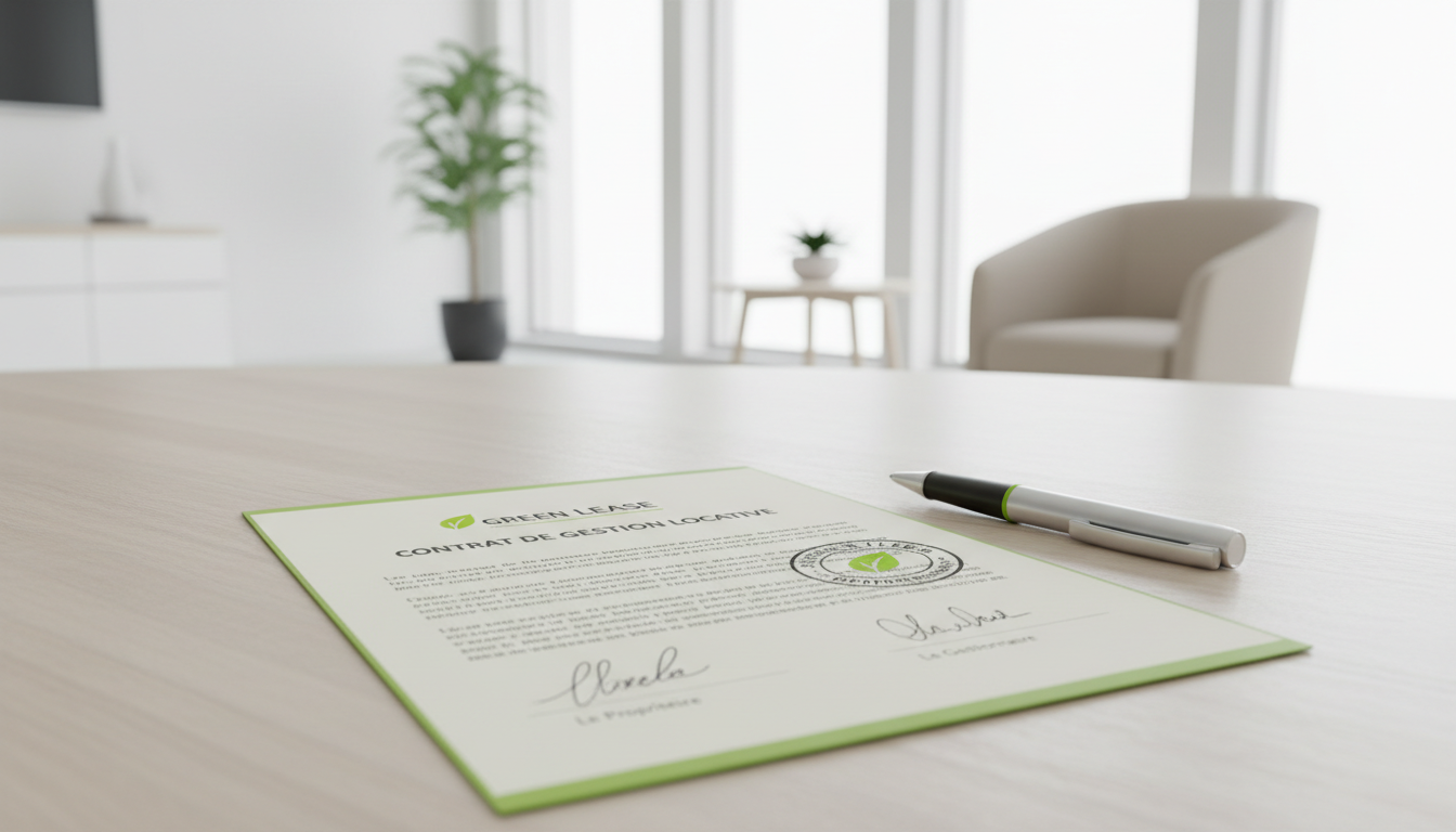 Vue rapprochée d’un contrat de gestion locative signé sur une table en bois