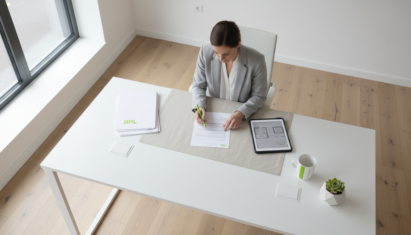 Vue en plongée d’un gestionnaire immobilier examinant des documents de location