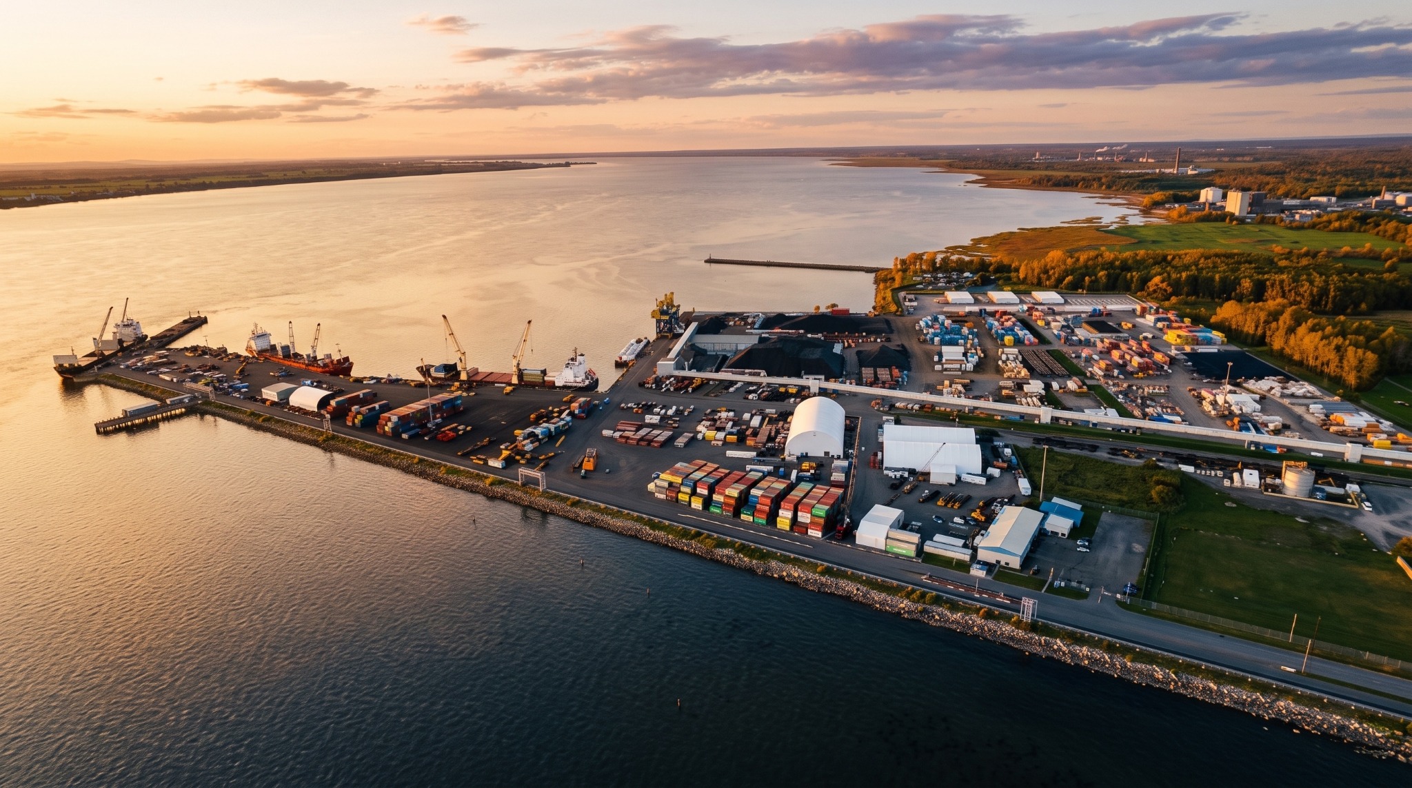 Vue aérienne du port de Bécancour sur le fleuve Saint-Laurent au coucher du soleil.