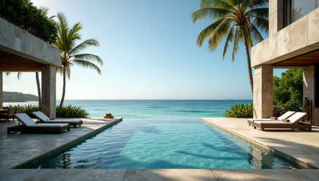 Infinity pool overlooking turquoise ocean, flanked by palm trees and modern loungers. Sunny and tranquil beachside setting.
